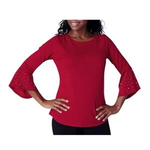 QUACKER FACTORY Red Pearl Embellished Bell Sleeve Top Womens Small NWT